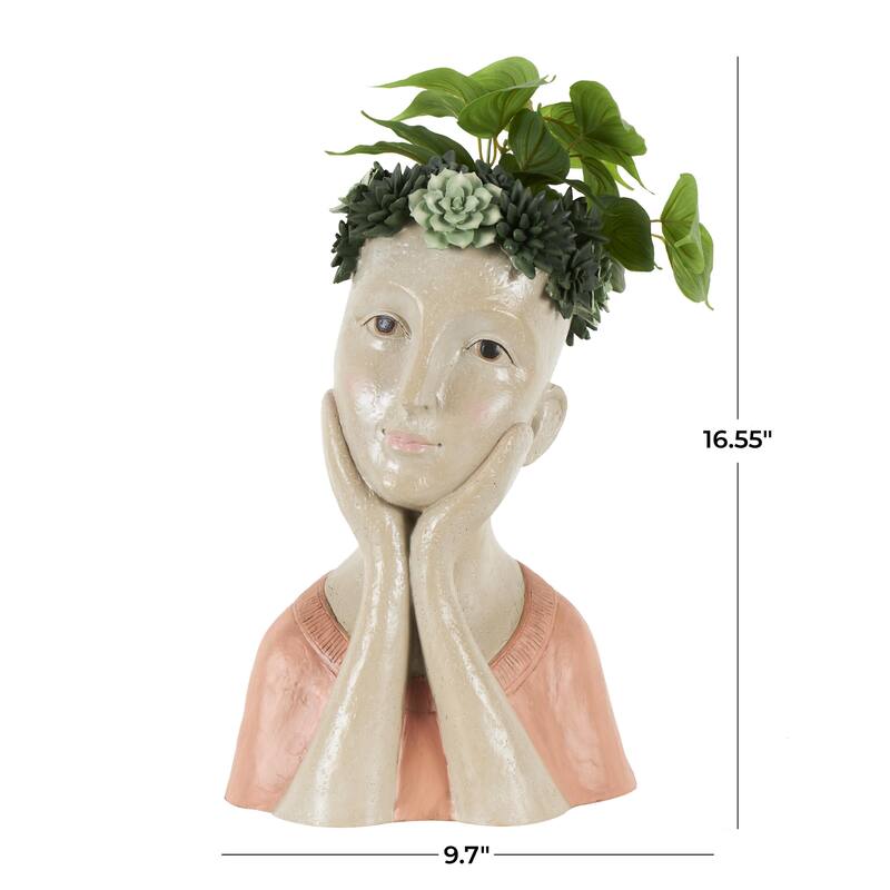 Resin Woman Bust Indoor Outdoor Planter with Succulent or Flower Crown and Orange or Blue Top - Beige - Roche River Decor
