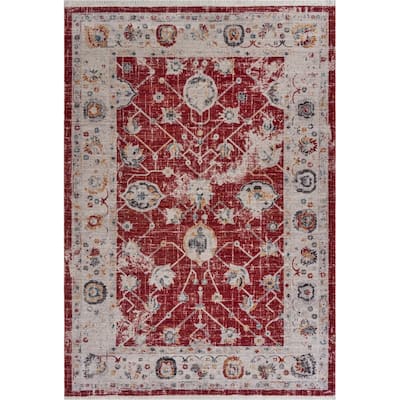 10' x 13' Red Distressed Border Area Rug - 118" W x 156" D x 0.5" H