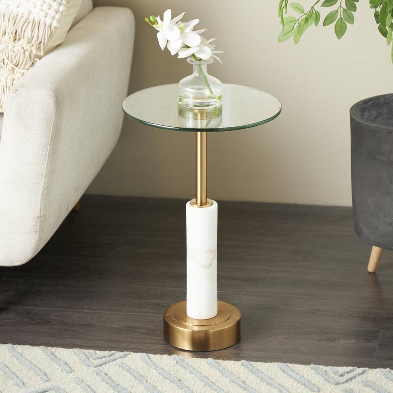 Marble Round Accent Table with Gold Metal Rod and Base - White or Black - Roche River Decor