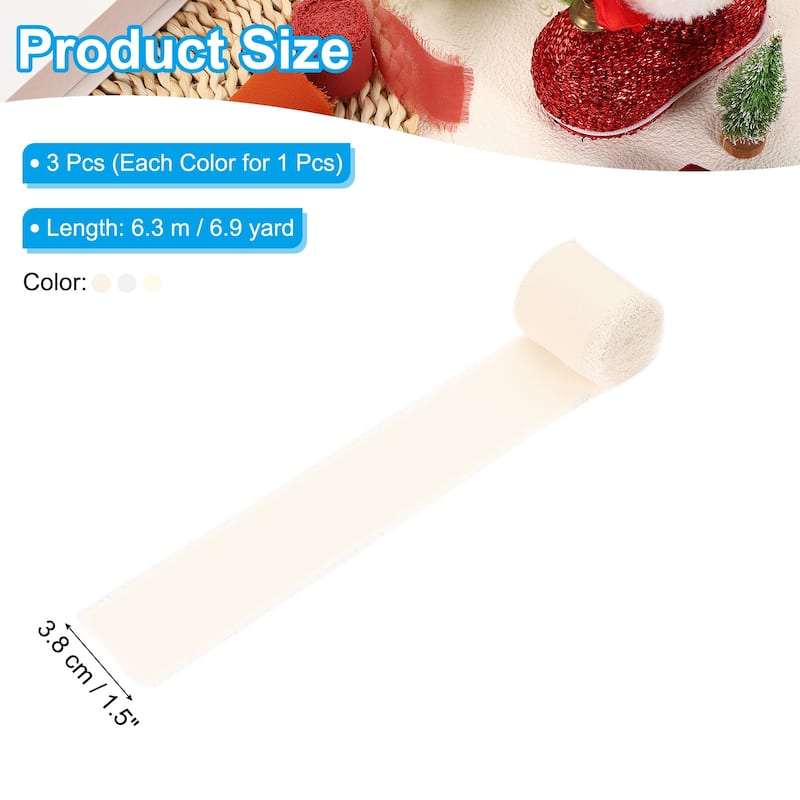 3 Roll 1.5"x7 Yd Handmade Fringe Chiffon Ribbon Frayed Silk Ribbon - 1.5"x7 Yd - White/Cream/Yellow