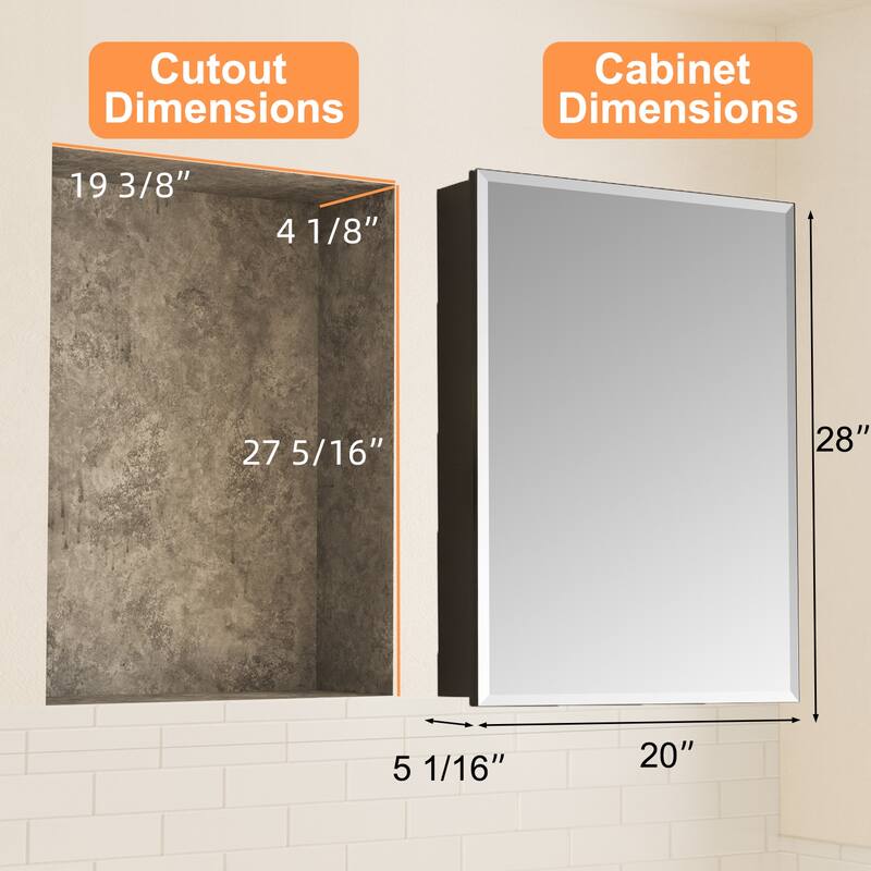 Belle Medicine Cabinet with Mirror, Adjustable Shelves, Recessed or Wall Mount