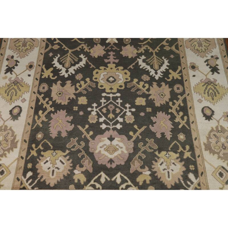 Charcoal Ivory Oushak Indian Area Rug Hand-Knotted Wool Carpet - 9'0" x 11'9"