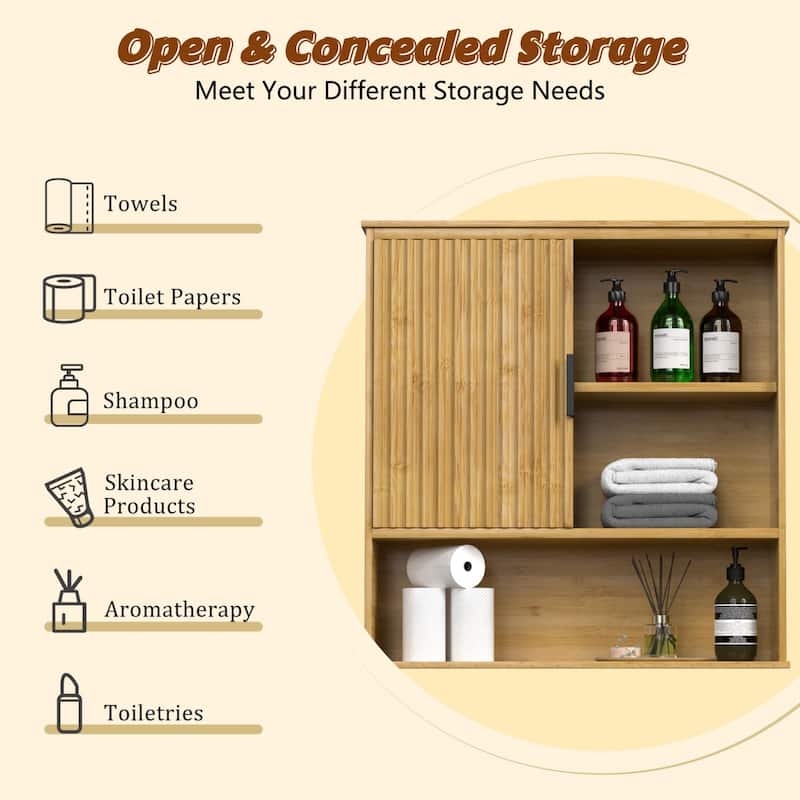 VEIKOUS Bamboo Wall Mounted Cabinet, Over Toilet Bathroom Organizer with Sliding Doors