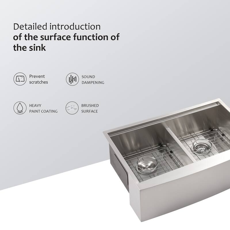 33" Apron Front Ledge Workstation Low Divide Double Bowl 50/50 16 Gauge Stainless Steel Farm Kitchen Sink - 33'' x 22" x 10''