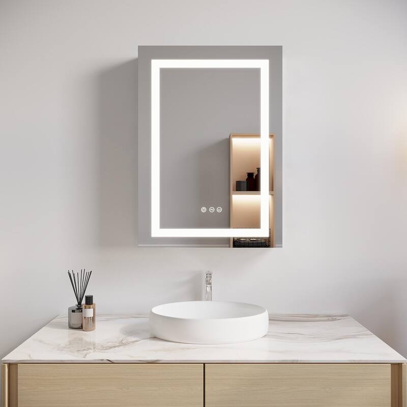 Bathroom Medicine Cabinet with Mirror Wall Mounted LED Bathroom Mirror Cabinet with Lights, Anti-Fog,Storage Shelves - 26"X20"
