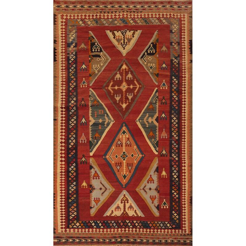 Kilim Qashqai Persian Vegetable Dye Vintage Flatweave Wool Carpet - 5'4" X 9'6"