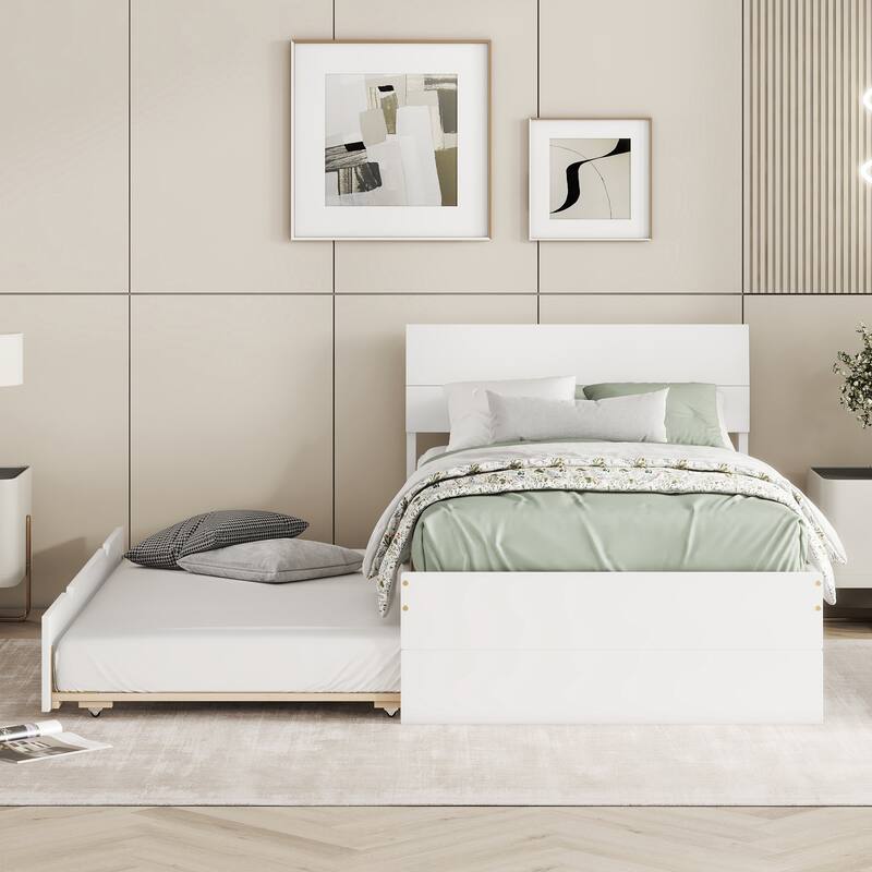 Modern Twin Size Platform Bed with Light Oak Trundle,High Gloss Headboard and Footboard