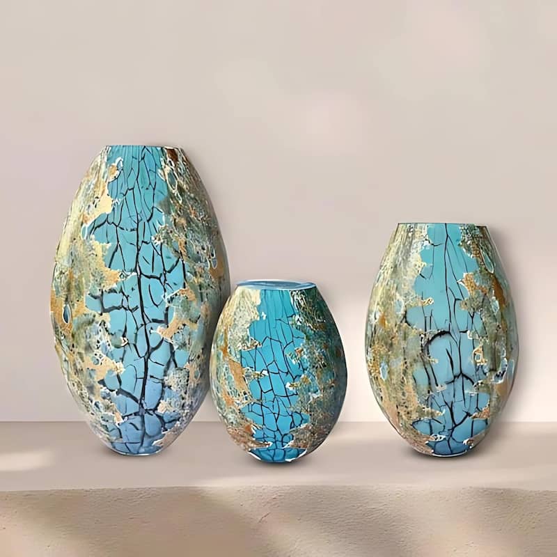 Teal Handblown Glass Oval Vases Set of Three with Gold Detailing