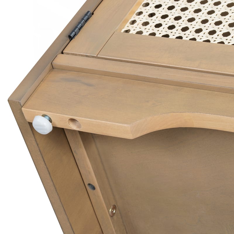 Rustic Storage Bench Multifunctional Wood Entryway Shoe Bench with Removable Cushion, Woven Rattan Doors & Adjustable Shelves