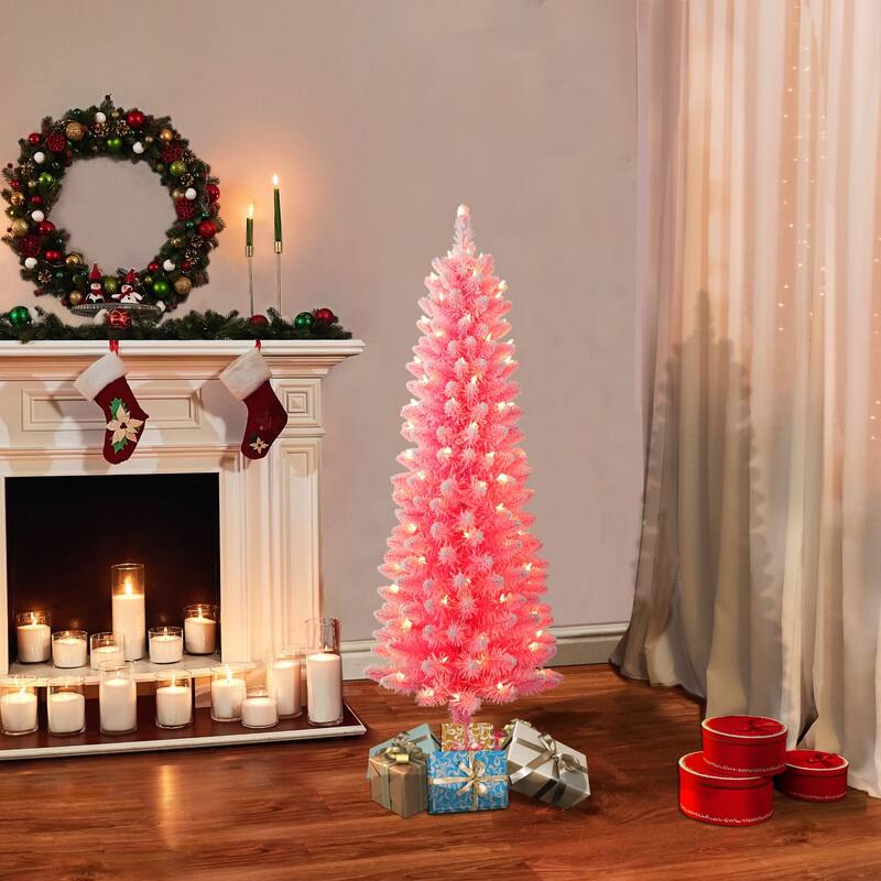 4.5' Pencil Flocked Pink Artificial Christmas Tree, Clear Lights - 4.5 Foot