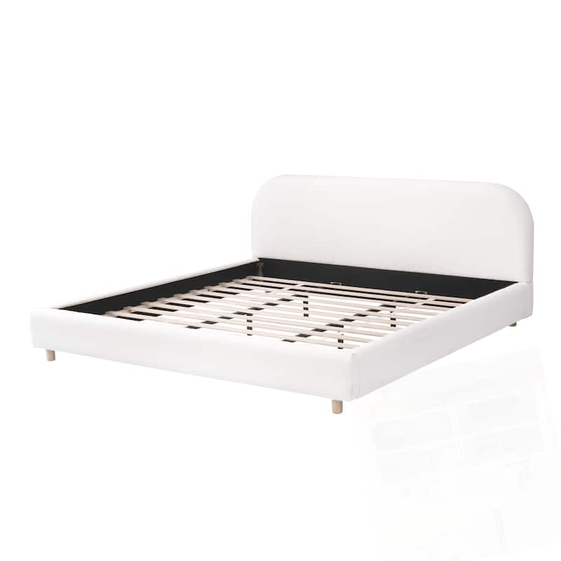 Boucle Fabric Upholstered Platform Bed with Curve-Shaped Design Headboard