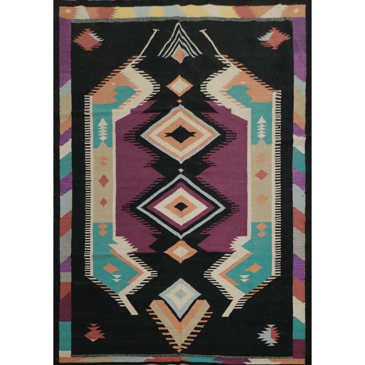 Hand Woven Oriental 100% Wool Carpet Southwestern Tribal Black Kilim Area Rug - 9' 10'' X 8' 4''