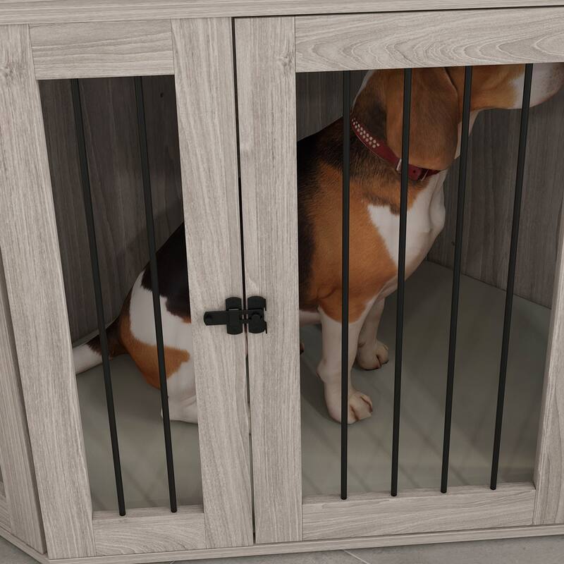 Walnut Brown and Cream White Dog Crate Side Table with Removable Cushion Spacious Interior