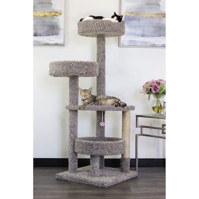 5-Level Solid Wood Cat Tower with Spacious Round Bed, Hammock Perches, Sisal Rope Posts and Play Toy for Indoor Cats