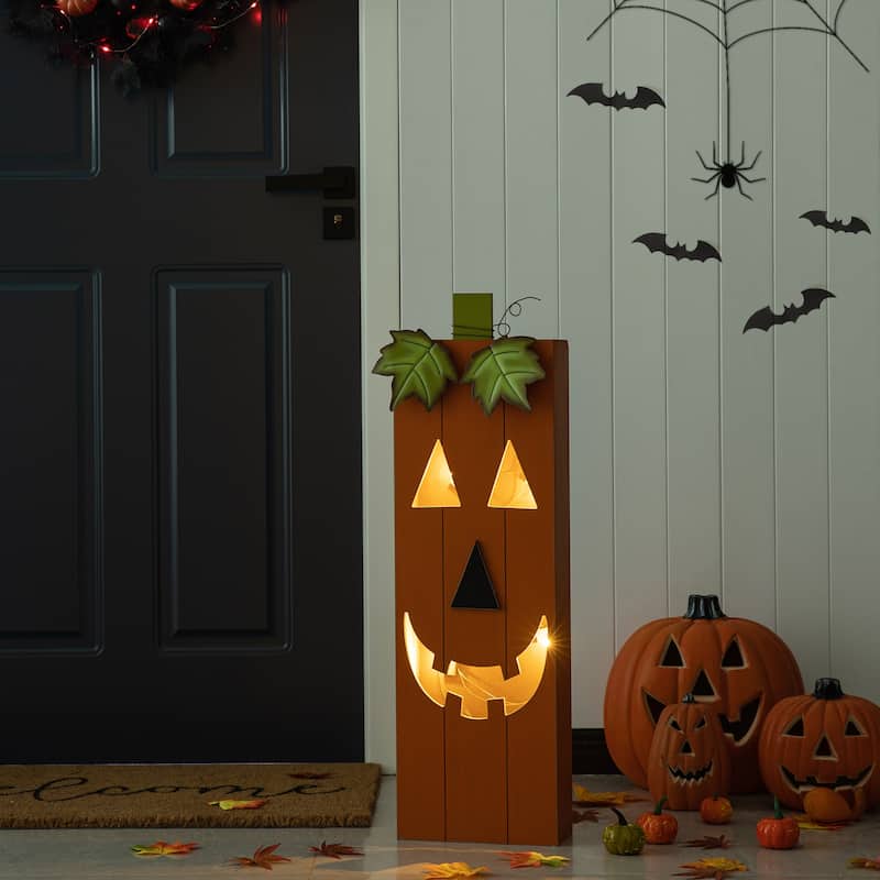 Glitzhome 30"H LED Lighted Halloween Pumkin Wooden Porch Decor with Timer
