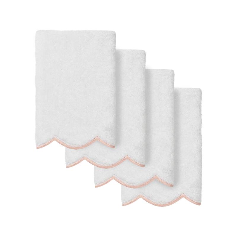 Authentic Hotel and Spa 100% Turkish Cotton ADORNIA Scallop Fingertip Towel Set - White/Pink - 4 Fingertip Towels