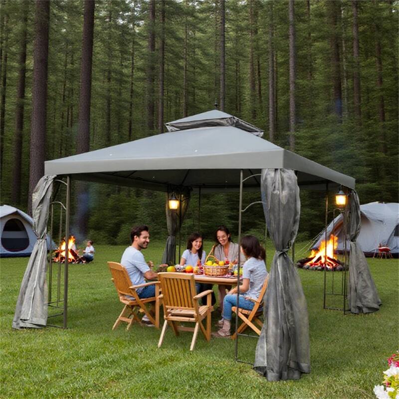 Patio Gazebo with Corner Frame Shelves, Double Roof Outdoor Canopy Shelter