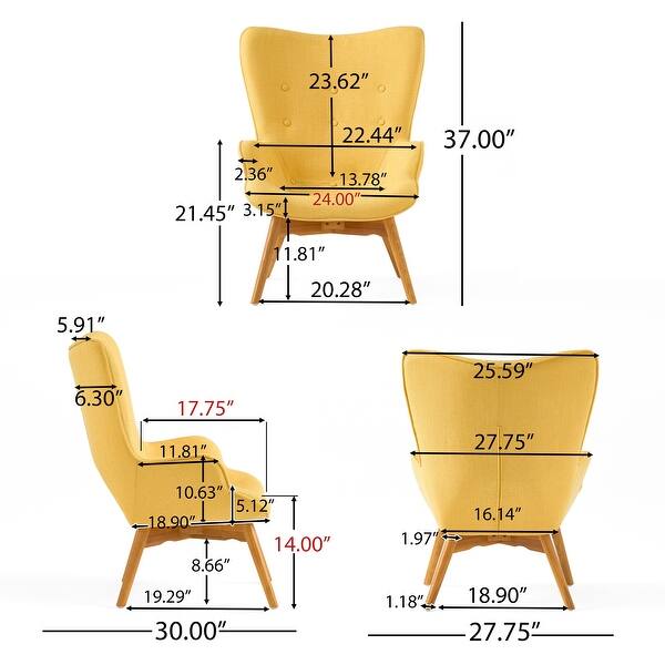 dimension image slide 4 of 7, Hariata Mid-Century Modern Wingback Fabric Chair/Ottoman Set by Christopher Knight Home