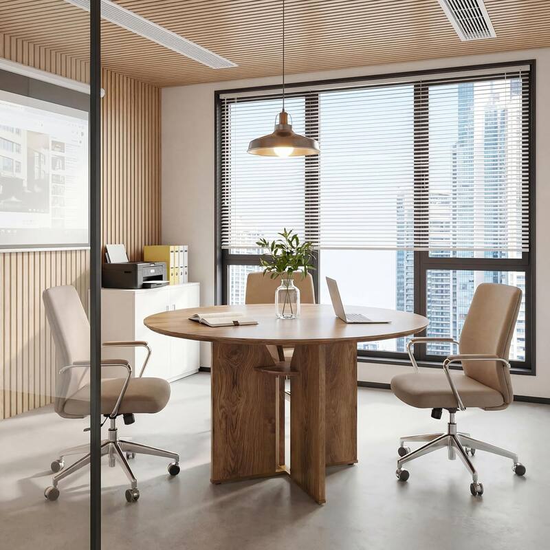 39.37" Conference Table for 4, Round Office Table with Lower Storage Shelf for Training, Seminar