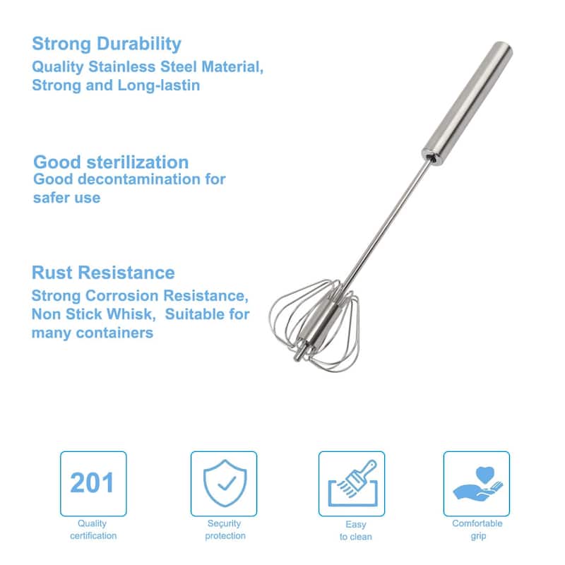 Hand Push Egg Whisk 11.8" Long Stainless Steel Mixer Whisking Stirring - Silver Tone