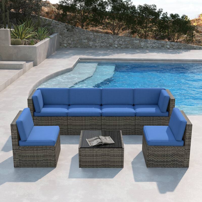 7-Piece Patio Wicker Sets Rattan Sectional Sofa With Cushions - Blue