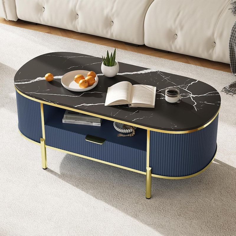 48in Modern Luxury Oval Coffee Table with Drawer for Living Room - N/A