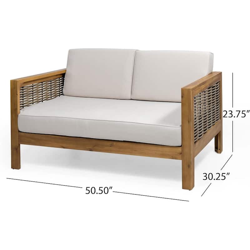 Roomfitters 4-Seater Acacia Wood Outdoor Chat Set with Wicker Accents and Cushions, Teak Beige