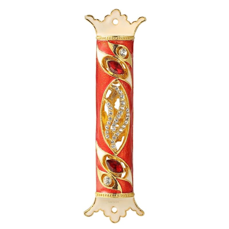 Matashi 4.5" Hand Painted Enamel Mezuzah Embellished with a Royal Red Design with Gold Accents Red and Clear Crystals