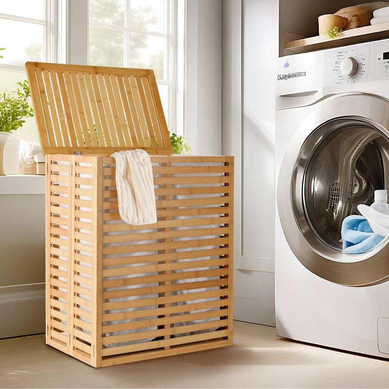 Natural Bamboo Dual-Section Laundry Hamper Foldable with Removable Liner & Ventilated Lid - 21.69""L x 13.85""W x 25.39""H