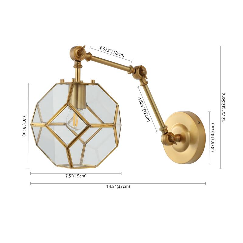 Abril 7.5" 1-Light Modern Contemporary Arm-Adjustable Iron/Glass LED Sconce, Brass Gold/Clear by JONATHAN Y