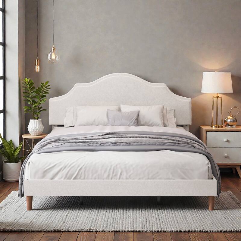 Upholstered Platform Bed Frame with Adjustable Headboard, Linen Fabric Padded, No Box Spring Needed - White - King