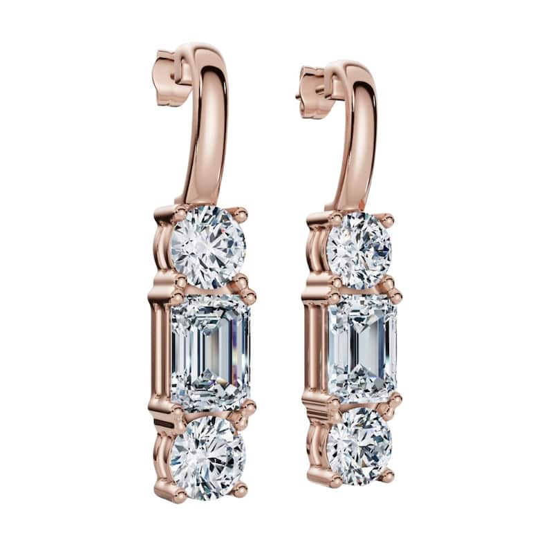 Bliss Diamond 6Ct Emerald & Round Cut Diamond Earrings Gold Lab Grown 1 1/3" Tall - Rose