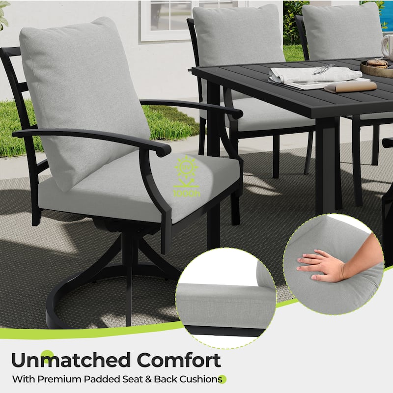 IvyGlow 7-Piece Black Metal Patio Dining Set with Rectangular Table, 2 Swivel Dining Chairs and Gray Cushions