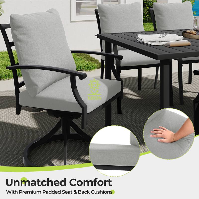 IvyGlow 7-Piece Black Metal Patio Dining Set with Rectangular Table, 6 Swivel Dining Chairs and Gray Cushions