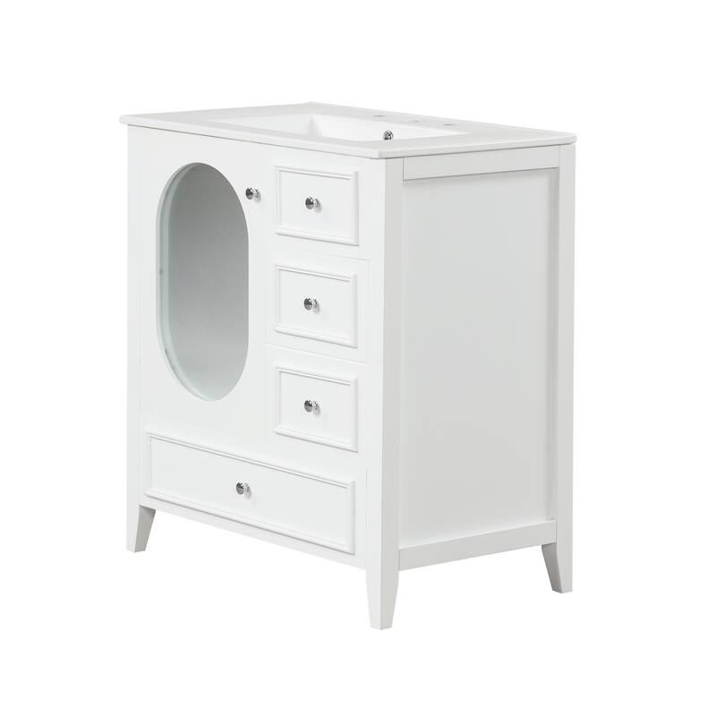 30" Bathroom Vanity with Sink, Bathroom Vanity Cabinet with Three Drawers and Door, Solid Wood and MDF, White