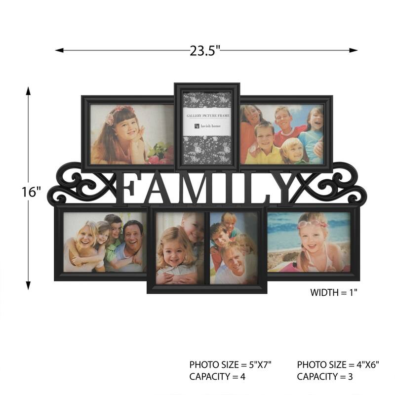 Family Collage Picture Frame with 7 Openings for Three 4x6 and Four 5x7 Photos (Black)