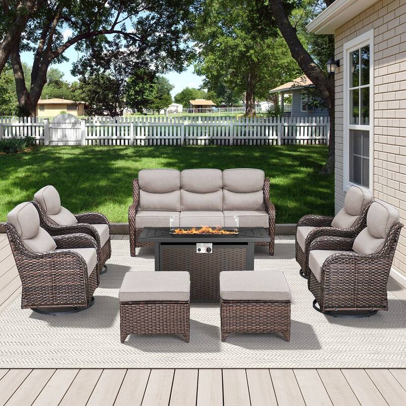 Arcadia 8-Piece PE Wicker Patio Seating Set with Durable All-Iron Fire Pit and 6-Inch Cushions - Beige Cushions - Brown Wicker
