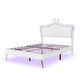 preview thumbnail 5 of 41, Remote Control LED Lights Bed Frame, PU Upholstered Princess Bed with Crown Headboard, Wood Slat Platform Bed