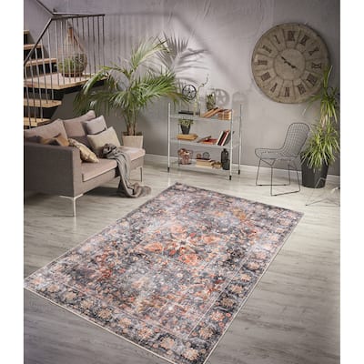Machine Washable Collection Grey/Orange/Blue/Rust/Coral Abstract Area Rug