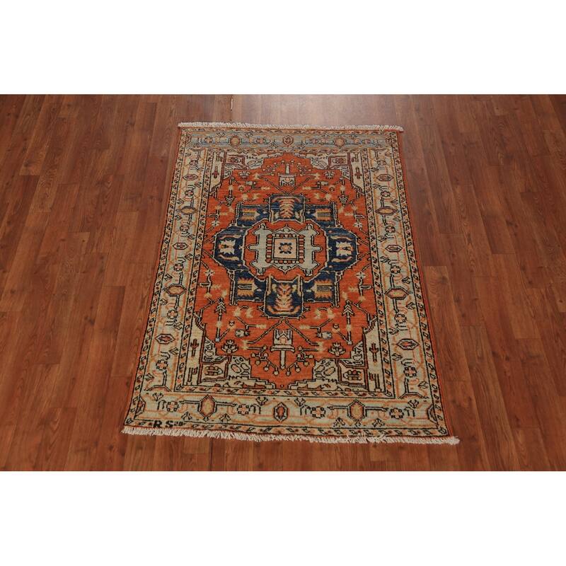 Vegetable Dye Medallion Heriz Serapi Oriental Rug Handmade Wool Carpet - 3'1"x 4'6"
