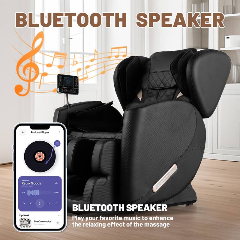 Black Zero Gravity Full Body Massage Chair with Air Pressure, Heated Foot Rollers & Bluetooth, Reclining Chair