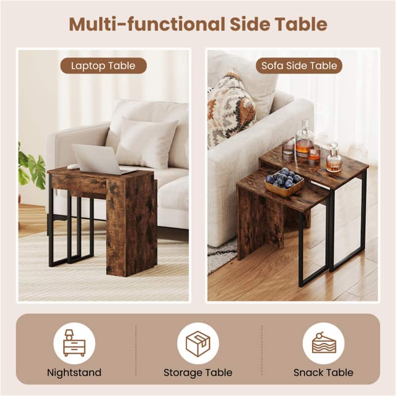 Rustic Brown-Black Metal and Engineered Wood Nesting End Tables Set - Large Table: 20" x 12" x 21"