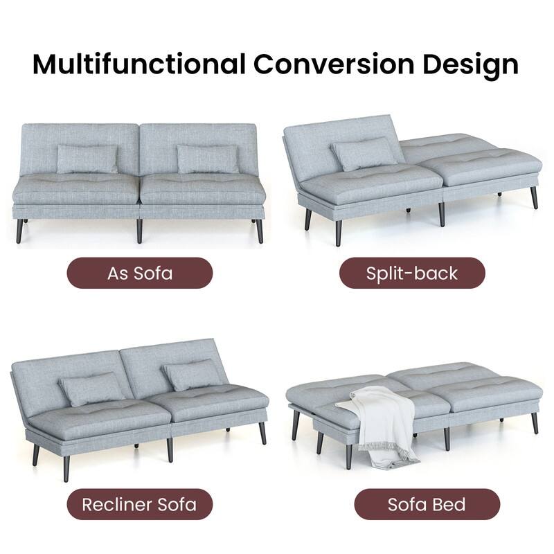 Grondin Convertible Futon Sofa Bed, 5-Angle Adjustable Backrest Sleeper Couch with 2 Pillows, Modern Style Recliner Lounge