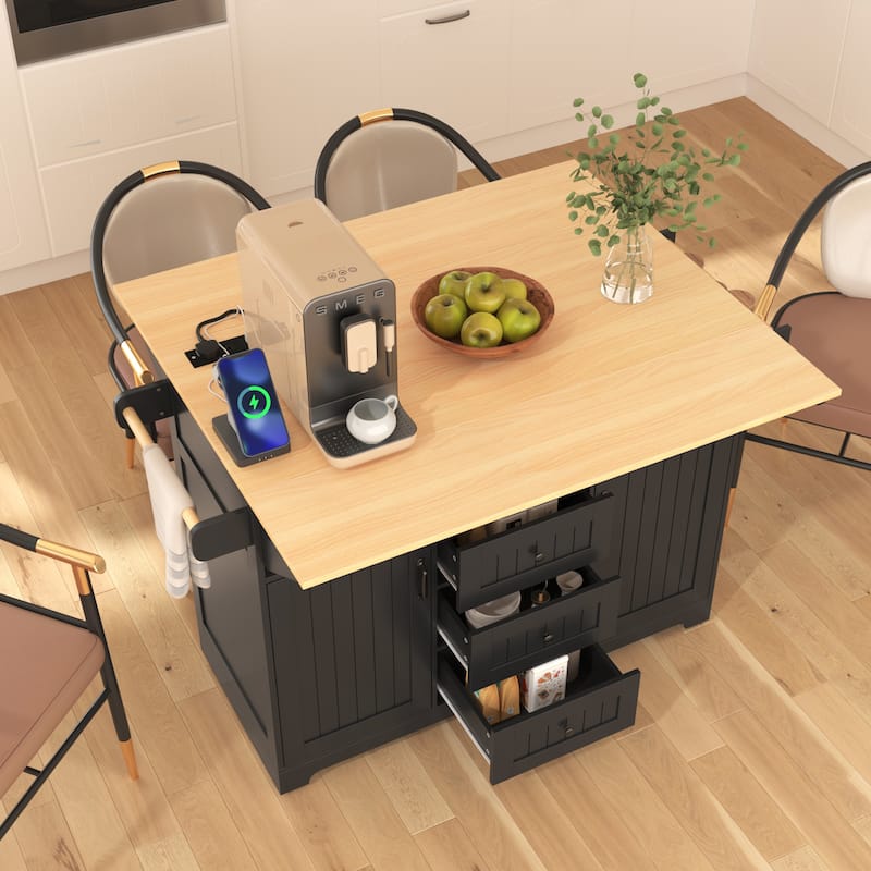 55.7''Kitchen Island,2 Drop Leaf,Rolling Kitchen Cart on 5 Wheels,Power Outlet,Folding Dining Table,Spice & Towel Rack,3 Drawers