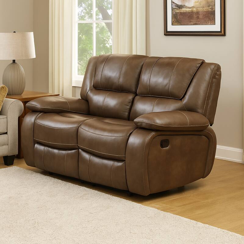 Licot Manual Double Recliner Loveseat, Glossy Brown Leather, 64 Inch