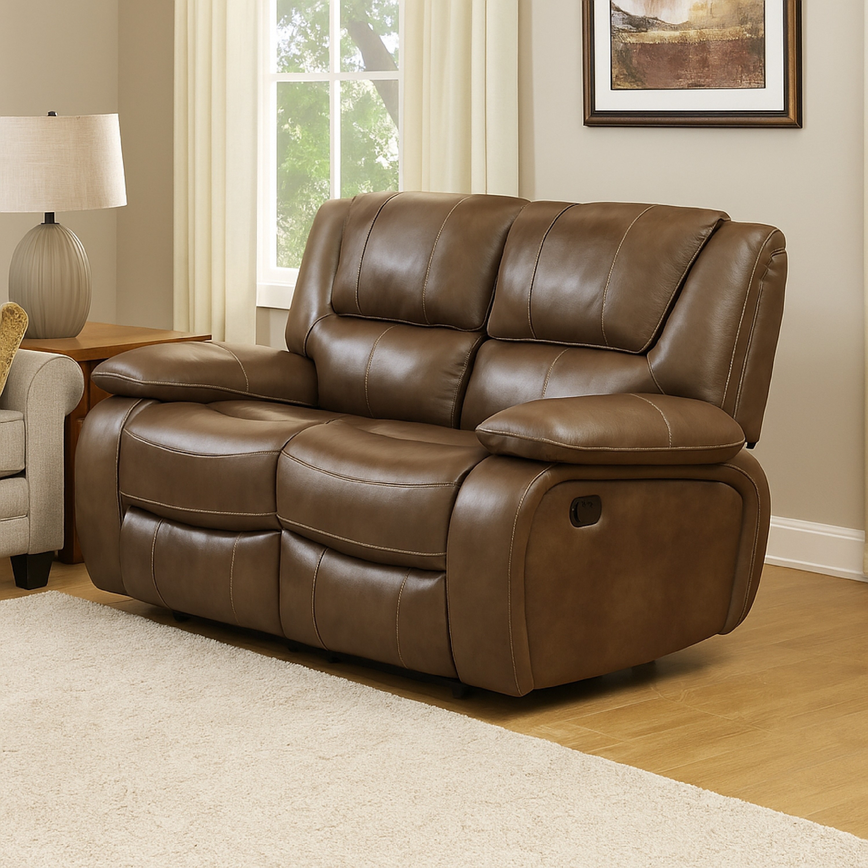 Benjara Licot Manual Double Recliner Loveseat, Glossy Brown Leather, 64 Inch