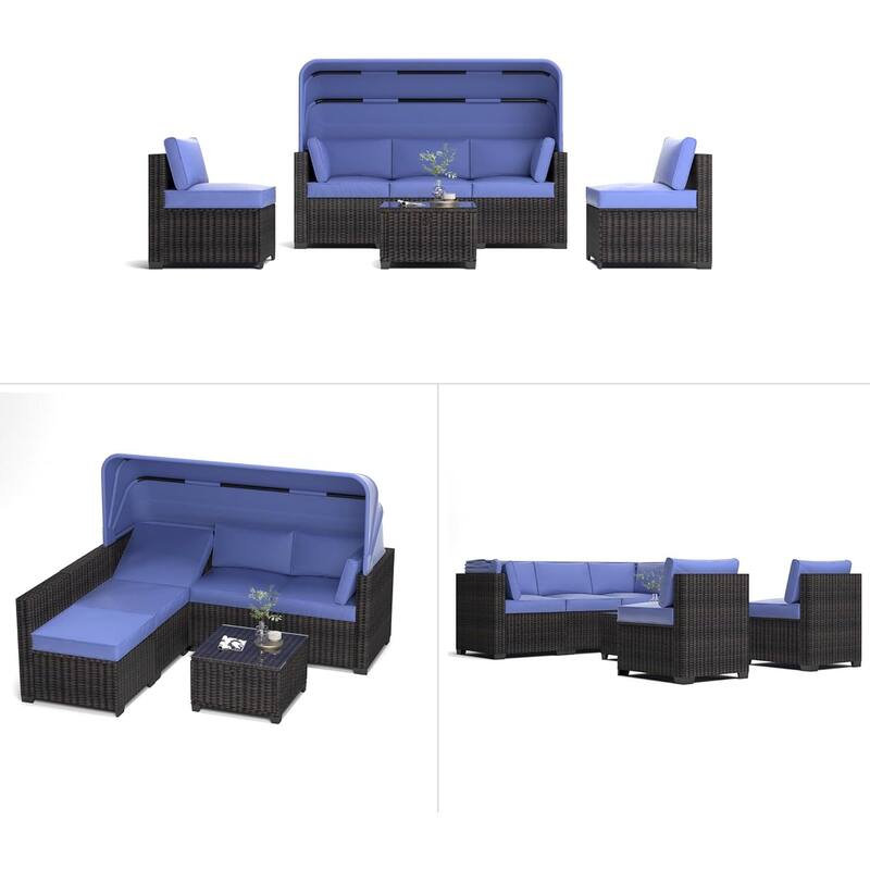 6-Piece PE Rattan Patio Sectional Set, Weather-Resistant Furniture, Retractable Canopy, Adjustable Backrest, Outdoor
