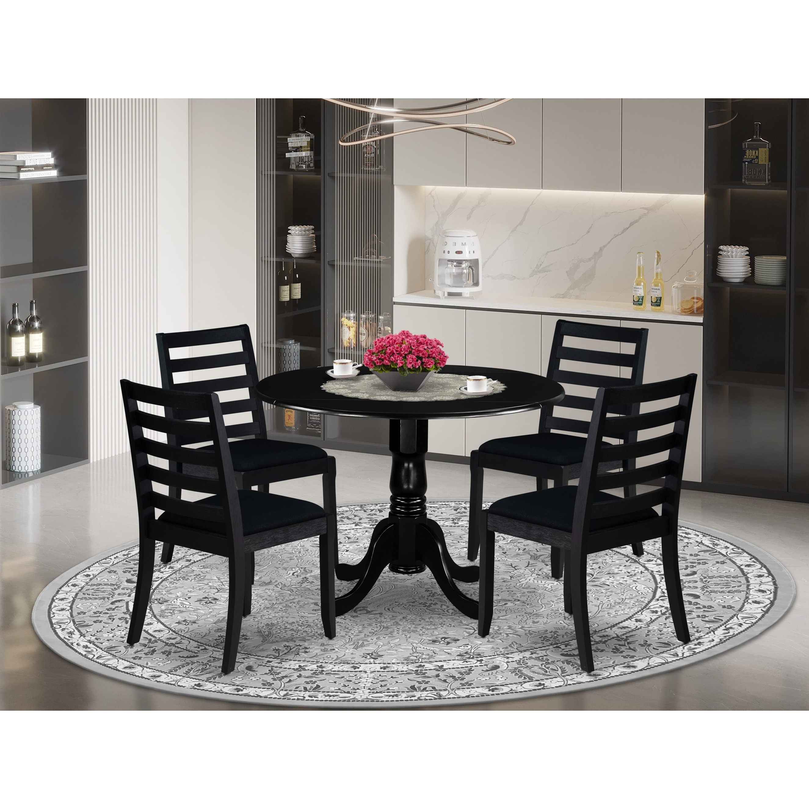 East West Furniture Dining Set Includes a Round Kitchen Table and Stackable Dining Chairs, Black (Pieces & Seat Type Options)