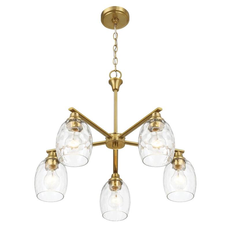Elegance Five Lights Linear Arms with Golden Brass Finish Chain Chandelier 24"W × 8.5"H with Clear Water Glass