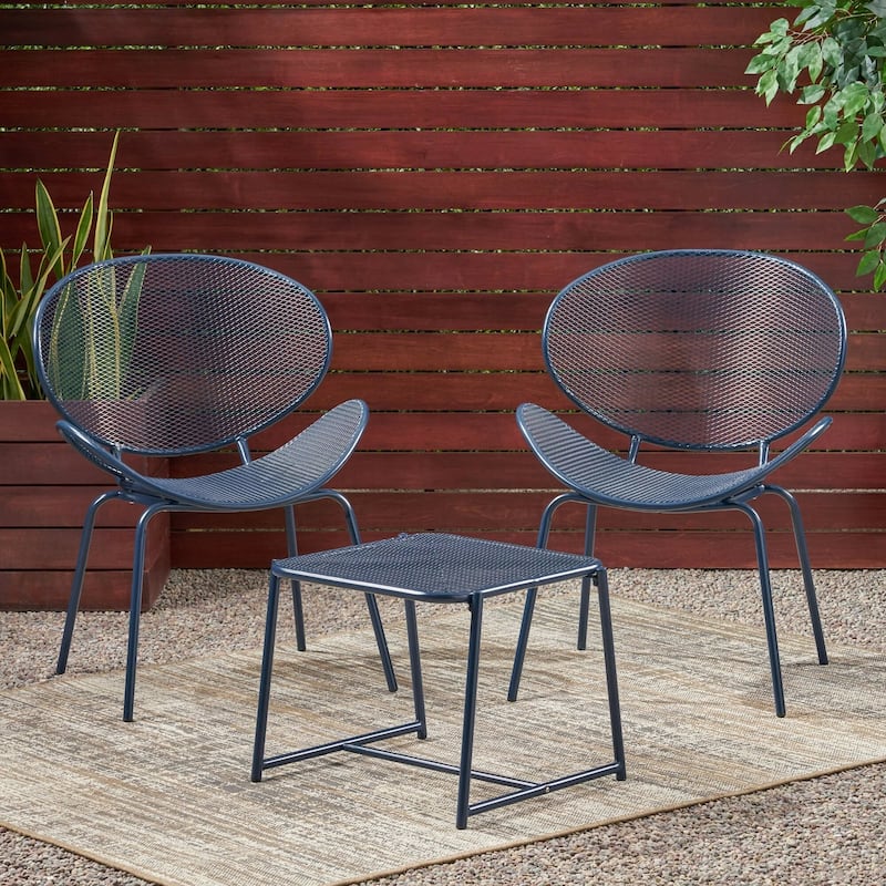Roomfitters Outdoor Chat Set 3 Piece Metal Conversation Seating Mesh Design Iron Chairs - Navy Blue